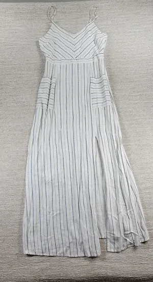 Monteau Los Angeles Linen Maxi Sundress Large White Blue Striped Rayon Slit thumbnail 1