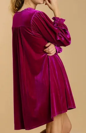 Umgee Small Magenta Velvet V Neck High Waist Balloon Sleeves Tunic Top/‎ dress thumbnail 1