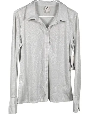 Worthington Blouse Women's Large Silver Metallic Button Up Sheer Collared Layer thumbnail 1