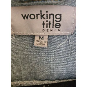 Working Title Denim Jacket Rhinestone Fringe Gray Knit Sleeves Pearl Buttons M thumbnail 3