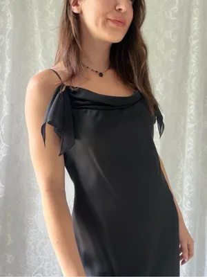 Vintage Y2K Cachet Black Satin Cowl Neck Ruffle Maxi Dress Size 8 thumbnail 1