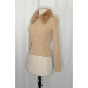 NWT!! ZARA Faux Fur Lapel Knit Sweater Tan‎ Light Brown Zipper Pullover Small thumbnail 5
