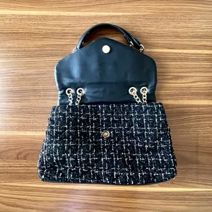 Steve Madden Bledger Tweed Shoulder Bag Black and Gold Classic Glam Luxury Look thumbnail 2