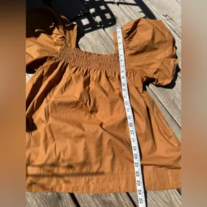 Maeve By Anthropologie Puff-Sleeve Smocked Blouse in Rust Orange, Size M, NWOT thumbnail 5
