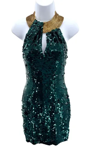 VTG 100% Silk Green Sequin Keyhole‎ Cocktail Dress Open Back Gold Bead Neck 2 thumbnail 1