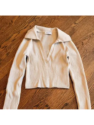 Aritzia Babaton Sculpt Knit Long Sleeve Polo Beige Taupe S thumbnail 6
