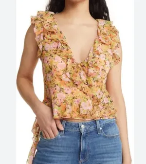 One Edit Nordstrom Floral Ruffle Sleeveless V-Neck Crop Top Blouse Sz XS thumbnail 1