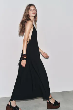 Zara Elegant Black Evening maxi flowy Dress gown party cocktail formal thumbnail 6