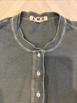AMO Women’s Small Olive Green Waffle Knit Long Sleeve Henley Shirt thumbnail 2
