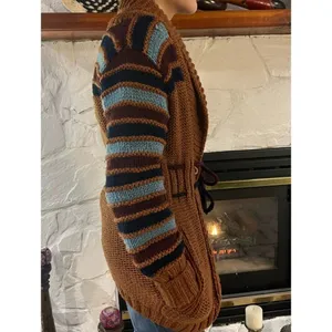 Vintage X-RATED Handknit Statement Cardigan Striped Sleeves Belted M thumbnail 5