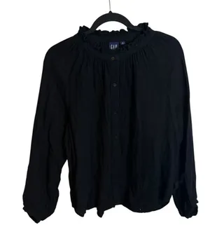Gap Black Gauze Cotton Ruffle Neck Blouse thumbnail 1
