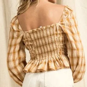 Bohme Brown Beige Plaid Smocked Blouse Size Large NWOT thumbnail 4