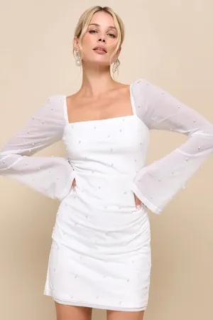 NWOT Lulus Flirty Luxury Ivory Mesh Pearl Long Sleeve Mini Dress Size Large thumbnail 1