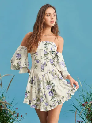 Cider FLORAL RUFFLE SLEEVE LAYERED MINI DRESS thumbnail 4