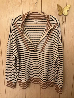 BKE Womwn’s Cream, Black & Brown Striped Half-Zip Sweater thumbnail 3
