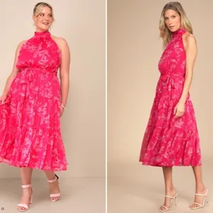 LULU's Floral Sexy Flowy Chic Halter Neck Modern Hot Pink Midi Dress NWOT thumbnail 6