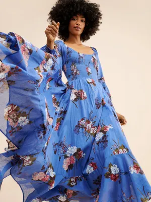 Free People Morning Glory Floral Smocked Maxi Dress XS Boho Long Sleeve thumbnail 1