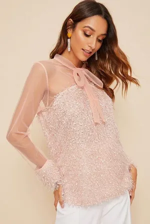 Blush Pink Contrast Mesh Tie Neck Shaggy Fringe Blouse thumbnail 1