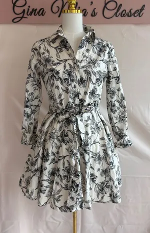 A New Day Women's XS Floral Print Shirt Dress with Belt - Off-White and Black thumbnail 1