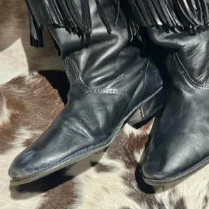 Vintage Black Real Leather Fringe Cowboy Boots Festival Rave Burning‎ Man A21 thumbnail 3