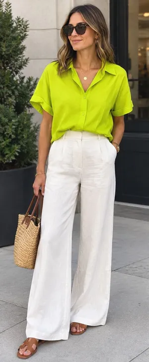 Essentiel Antwerp Button Down Shirt Women M Lime Green Satin Boxy Blouse thumbnail 1