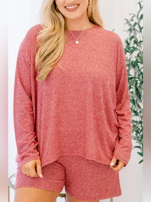 Zenana Plus Size Dark Red Plus soft melange long sleeve tee & shorts set Size 1X thumbnail 3