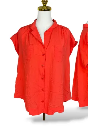 Maeve Anthropologie Coral Orange Button Down Short Sleeve Blouse Top Large thumbnail 1