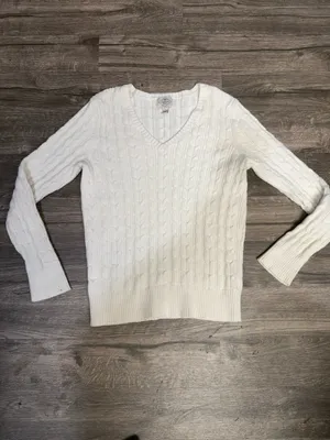 St. John’s Bay Cable Knit V-Neck Sweater White Cream Cotton Blend Size L thumbnail 2