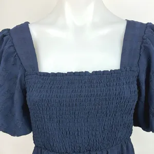 Midnight Doll Blue Smocked Square Neck Puff Sleeve A Line Mini Dress Size M thumbnail 3