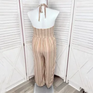 American Eagle Boho Striped Gauze Wide Leg Smocked Jumpsuit‎ Beige Large thumbnail 5