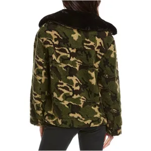 NEW Jocelyn Womens S‎ Sherpa Trucker Jacket Faux Fur Collar Camo Green Black thumbnail 3
