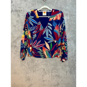 Farm Rio Kaia Blouse Small Tropical Birds Parrots Wide Sleeves Coastal Beachy thumbnail 3