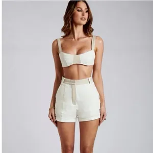 Meshki Yalda Cream Tan Linen Sleeveless Colorblock Bustier Crop Tank Top Size S thumbnail 3