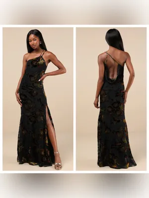 Lulu's Ethereal Entrance Black Velvet Burnout One-Shoulder Maxi Dress thumbnail 2