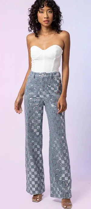 Line & Dot Blue Checkered Sequin Wide-Leg Pants thumbnail 1