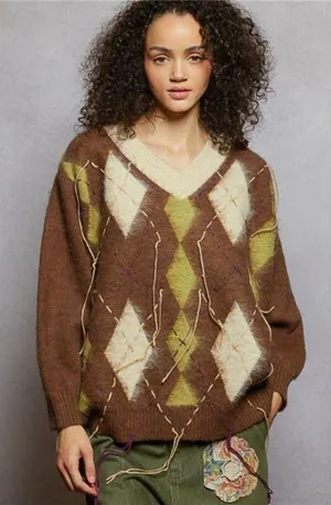 POL V-Neck Argyle Pattern Mohair Sweater with‎ Contrast Exposed Stitch Detail thumbnail 1