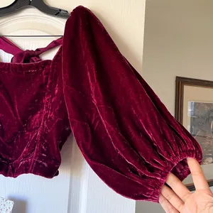 Free People Marie Velvet Open Back Crop Top‎ Balloon Sleeves Red Small NWT thumbnail 4