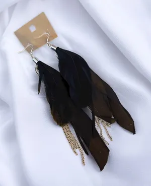 Long black feather, ribbon and chains dangle earrings thumbnail 1