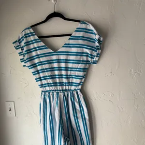 Vintage 70s‎ Buffy’s Choice Striped Cotton Jumpsuit Sz L Tie Back Pockets USA thumbnail 2