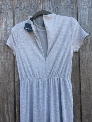 Forever 21 Light Gray Short-Sleeve Knit Wide Leg Jumpsuit Elastic Waistband S thumbnail 7