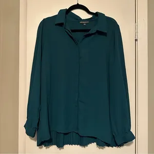 NWT Adrianna Papell teal long sleeve pleated back button up blouse size L thumbnail 1