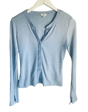 Aerie Baby Blue Cardigan Ribbed Slit Sleeve Medium Academia Coquette Pastel Soft thumbnail 1