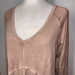 POL boho Long Sleeve V Neck Tunic Top Ribbed Knit Casual Blouse pink‎ beige thumbnail 2