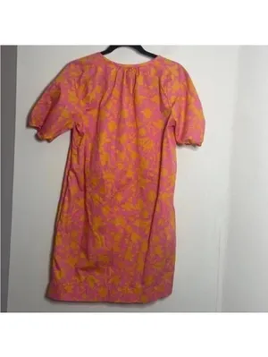 Free Assembly Pink and Orange Floral Shirred Short Sleeve Dress Pockets thumbnail 9