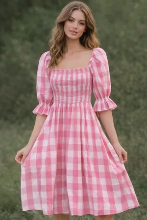 Aura Pink Gingham Puff Sleeve Midi‎ Dress Women’s Size Small thumbnail 1