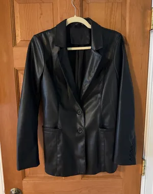 Classic Black Faux Leather Women's Blazer Jacket SIze Small thumbnail 1