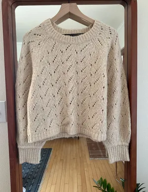 J. Crew Pointelle Crewneck Sweater Heather Cream Tan Size S thumbnail 1