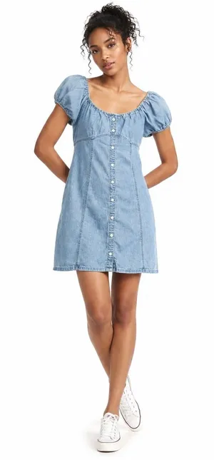 Madewell Puff Sleeve Babydoll Denim Mini Dress Blue Size 14 Western Prairie‎ thumbnail 1