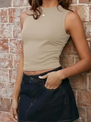 CIDER Beige Sleeveless High Neck Ruched Tank Top thumbnail 4
