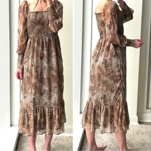 Betsey Johnson Peasant Tiered Midi Dress Large Smocked Puff Sleeve Animal Print thumbnail 7
